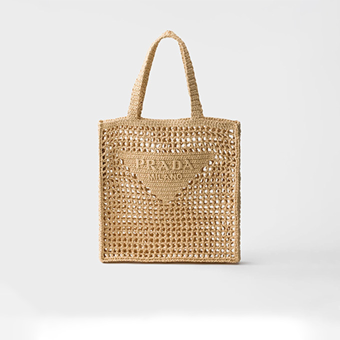 prada crochet raffia woven tote bag